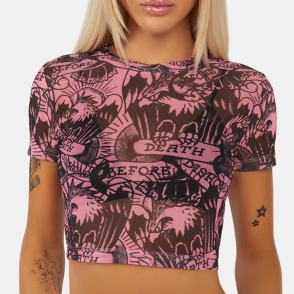 Ed Hardy DBD Eagle Crew Pink Power Mesh Top. - Picture 1 of 15